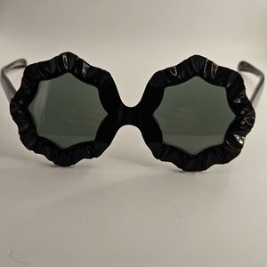 Vintage Made in France Ruffle Sunglasses Black Pleated Scalloped Frames 60s 70s
